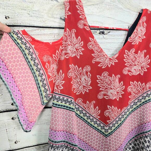 DR2 Coral Boho Print V-Neck Hanky Hem Tank M - Picture 3 of 11